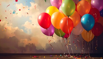 Vibrant bunch of balloons and confetti against a cloudy sky backdrop