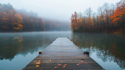 An isolated wooden dock stretches into a calm, reflective lake, surrounded by serene waters. The scene symbolizes solitude, reflection, and peaceful connection between nature and quiet contemplation.