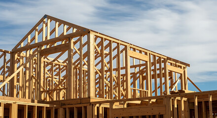 Close-up of a new residential home construction site showing the wood framing, rafters, and structure against a partly cloudy sky