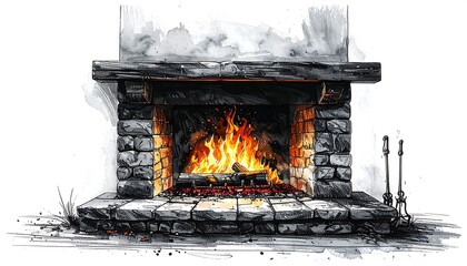 Watercolor illustration of a stone fireplace with bright flames burning