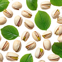 Pistachios scattered with green leaves against a dark, seamless backdrop