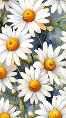 Watercolor depiction of a daisy field, capturing floral details and softness