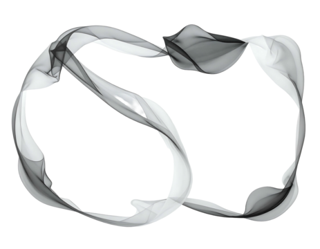 Ribbon-like form twists and curls in white/gray against black, creating a flowing, abstract shape