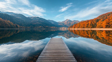 An isolated wooden dock stretches into a calm, reflective lake, surrounded by serene waters. The scene symbolizes solitude, reflection, and peaceful connection between nature and quiet contemplation.