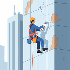 A construction worker repairs a damaged building facade, suspended by ropes, illustrating maintenance and repair work with safety gear.