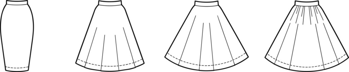 Vector illustration of four skirt silhouettes including pencil, A-line, pleated, and circle styles for fashion, garment, and clothing design