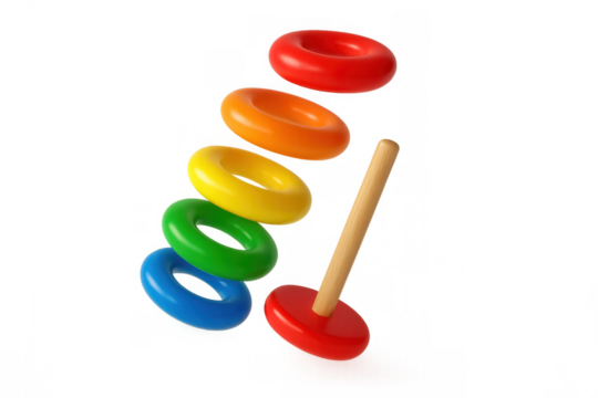 Stacking toy with colorful rainbow rings dropping onto wooden peg, childhood play concept on transparent background