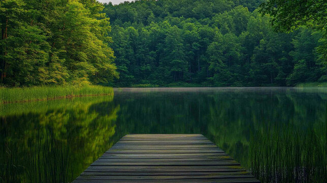 An isolated wooden dock stretches into a calm, reflective lake, surrounded by serene waters. The scene symbolizes solitude, reflection, and peaceful connection between nature and quiet contemplation. - Powered by Adobe
