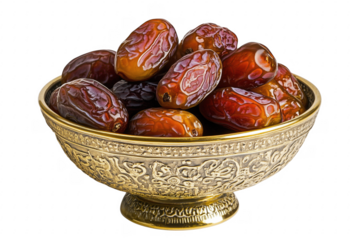 Dried dates in ornate bowl isolated on a transparent background