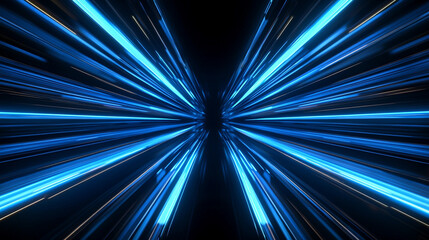 Vibrant neon blue laser lines streak across a black background, creating dynamic light beams. The abstract digital scene symbolizes technology, speed, energy, and the futuristic pulse of modern innova