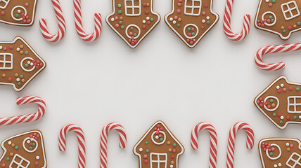 Gingerbread houses and candy canes arranged in a festive border on a white background