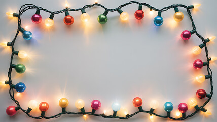 Colorful Christmas lights arranged in a rectangular frame against a neutral background