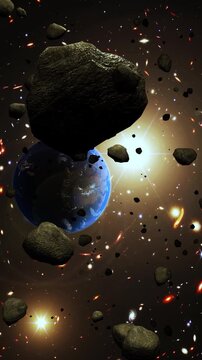 Asteroids from outer space hitting earth. Vertical design in 9:16 ratio. Smartphone and social media ready.