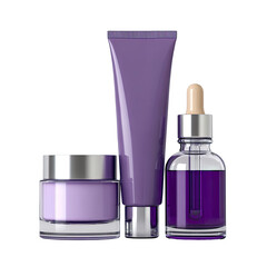 Lilac skin care set jar, tube, dropper bottle