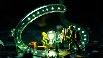 Miniature Engineers Building a Glowing Light Bulb – Symbol of Innovation and Creativity
