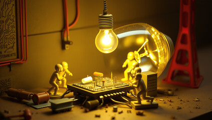 Miniature Engineers Building a Glowing Light Bulb – Symbol of Innovation and Creativity