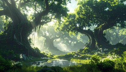 Enchanting Sunlit Forest with Lush Greenery and Serene Stream.