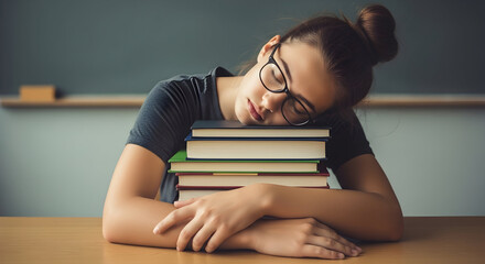 Tired student girl sleeping on books for education promotion and time management for educational services campaign