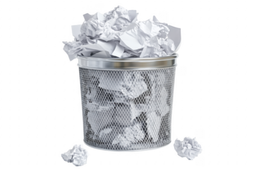 Crumpled paper in mesh bin isolated on a transparent background