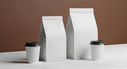 Clean coffee packaging branding mockup with paper coffee bags and cups to showcase your product in an appealing way