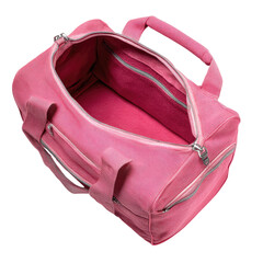 Open pink duffel bag showing interior with zipper pocket