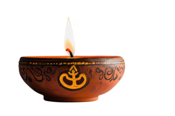 Terracotta diya with golden symbol isolated on a transparent background