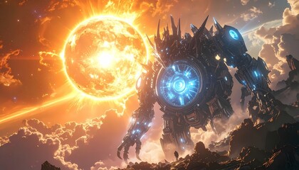 Giant Robot and Exploding Sun in a Sci-Fi Fantasy Landscape.