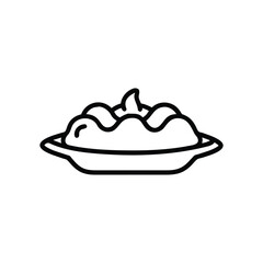 A simple black and white line art icon of a bowl filled with fluffy mashed potatoes. Bowl of mashed potatoes icon