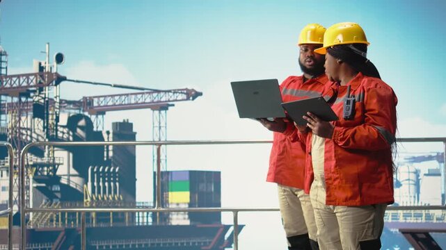 Offshore platform engineering team testing safety systems, scheduling infrastructure repairs. Coworkers oversee mechanical and structural integrity of drilling rig, doing inspection, camera A