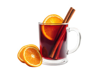 Warm mulled wine with orange and cinnamon isolated on a transparent background
