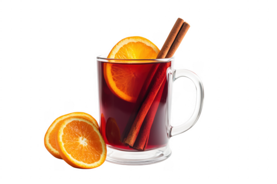 Warm mulled wine with orange and cinnamon isolated on a transparent background