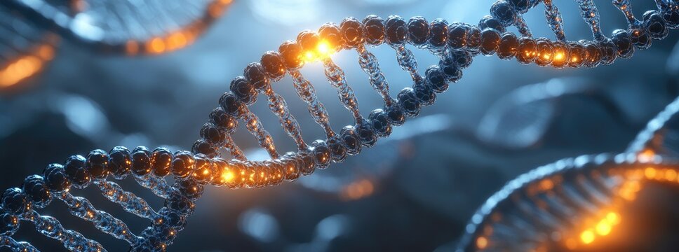 DNA strand model with glowing orange spots on blue - Powered by Adobe