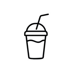 A minimalist black and white line drawing of a disposable cup filled with liquid and a straw inserted through the lid. Simple line art icon of a drink in a to go cup with straw