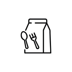 A simple black and white line art icon representing a takeout food bag with a spoon and fork. Food delivery bag with utensils icon