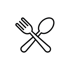 A minimalist black and white line drawing of a fork and spoon crossed over each other, representing dining or food. Simple line art icon of a fork and spoon crossed