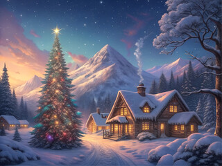 Fototapeta premium A cozy christmas cabin nestled in a snowy mountain landscape with a decorated christmas tree and starry sky