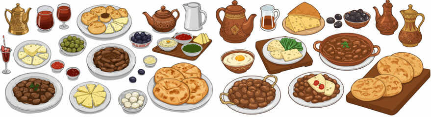Middle Eastern feast spread with traditional dishes and drinks