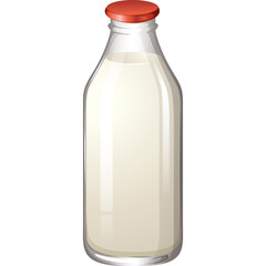 Clear Glass Bottle Filled with White Milk Topped with Red Cap Isolated on Transparent Background
