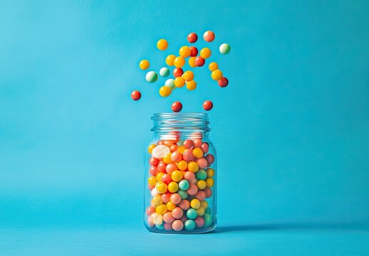 Colorful candy overflowing from a glass jar