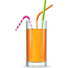 Clear Glass Filled With Orange Juice With Pink And White Straw And Green Straw On White Background