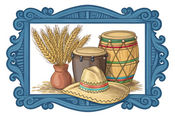 Traditional Harvest Festival Illustration with Wheat, Drums, and Straw Hat in Decorative Frame
