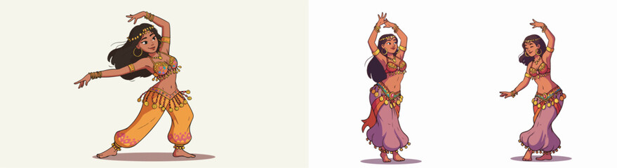 Belly dancer poses in colorful outfits with transparent background