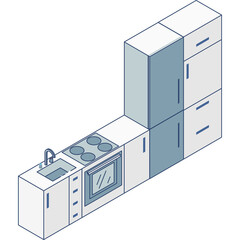Clean Isometric Kitchenette With White Cabinets Grey Countertops And Stainless Steel Appliances Including Oven Sink And Stove Top Illuminated By Soft Natural Lighting