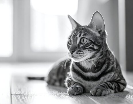 Black and white portrait of a domestic cat looking intently