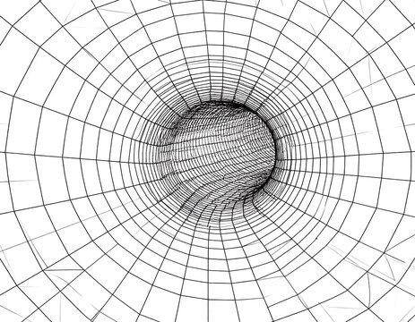 Black and white tunnel abstract with grid texture leading to a center