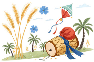 Colorful Lohri or Baisakhi Festival Illustration with Dhol, Kite & Wheat
