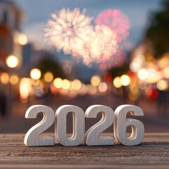 2026 numbers in foreground with colorful fireworks in bokeh lights create festive atmosphere, symbolizing celebration and new beginnings