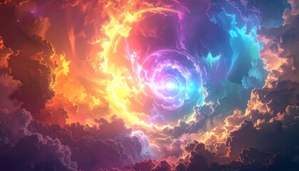 Vibrant Cosmic Energy Swirls Amidst Colorful Nebula Clouds.