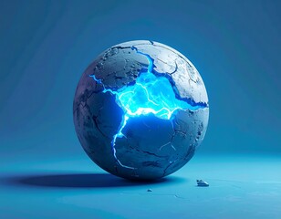Glowing Blue Energy Sphere Breaking Through Cracked Metallic Surface