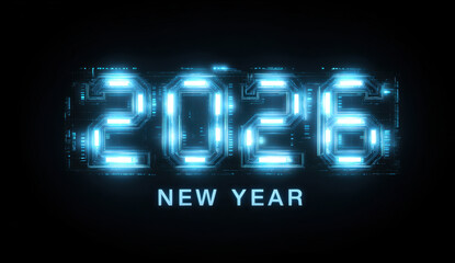Futuristic digital clock displays year 2026, symbolizing arrival of New Year. glowing blue numbers create vibrant and celebratory atmosphere, perfect for welcoming new beginnings